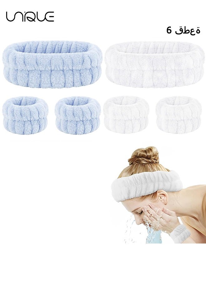 Unique 6Pcs Spa Headband and Wrist Washband Set, 2 Pieces Makeup Facial Face Wash Headband and 4 Pieces Wrist Bands for Washing Face Terry Cloth Headbands for Women Girls（Blue + White） - Image 1