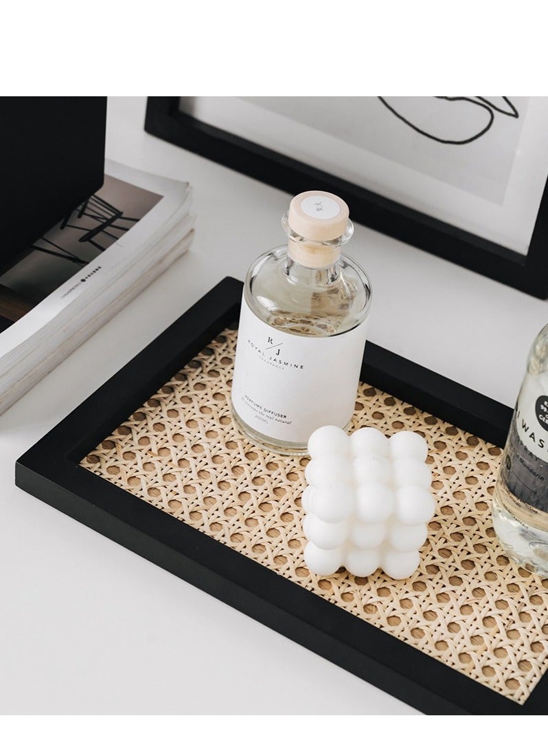 Bukela Rectangle Serving Tray with Imitated Rattan, Basket Serving Tray with Black Wooden Frame for Coffee, Breakfast, Food, Drink, Make Up Decorative Trays 32 x 23 x 2 cm - Image 2