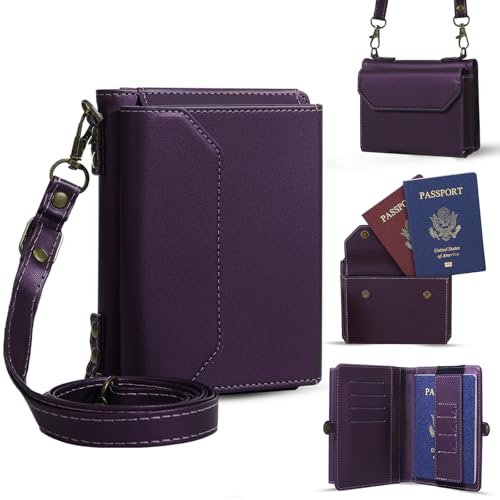 ASAPDOS RFID Blocking Family Passport Holder Wallet,Hold 3-4 Passports for Travel with Credit Card Slots & Wrist Crossbody Strap Purple - Image 1