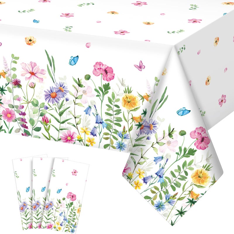 Jectivs 4Pcs Spring Floral Plastic Tablecloth,Pink Purple Blue Flower Butterfly Disposable Table Cover for Home Decor Summer Spring Picnic Dining Holiday Weeding Birthday Tea Party Decorations,54x108 Inch - Image 1