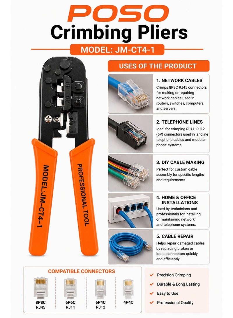 POSO JM-CT4-1 Professional Crimping Pliers – Precision Wire Crimper Tool for Network & Electrical Connectors - Image 2