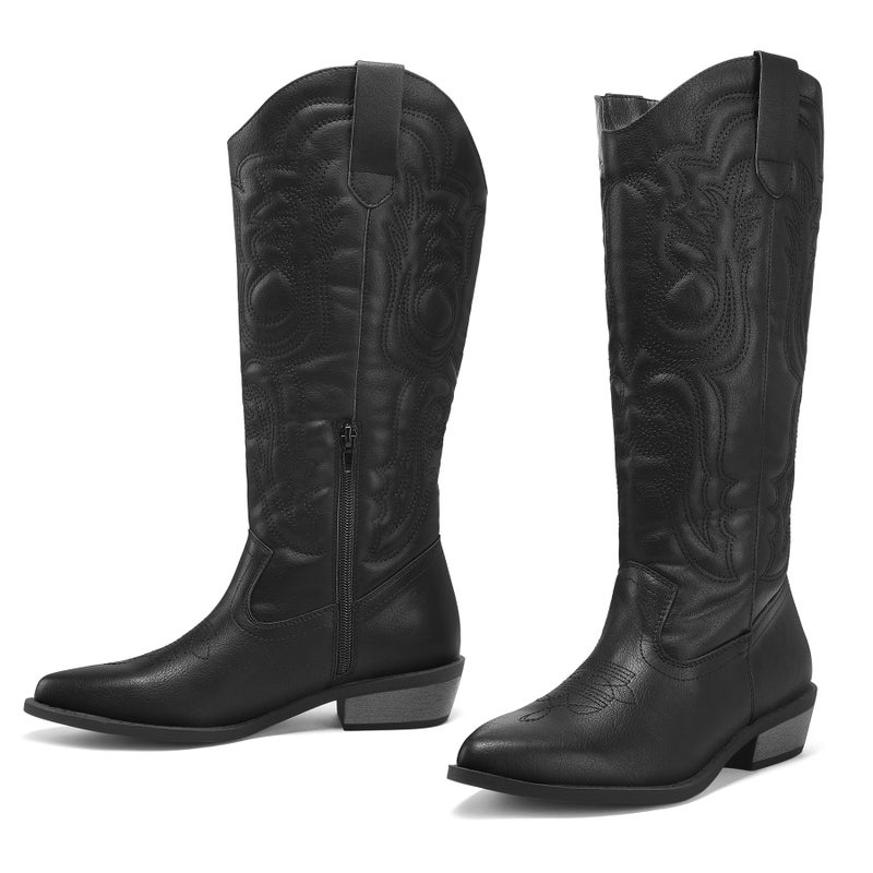 mysoft Women's Cowboy Boots Mid Calf Cowgirl Embroidered Western Pointed Toe Chunky Heel Pull On Knee High Boots - Image 4