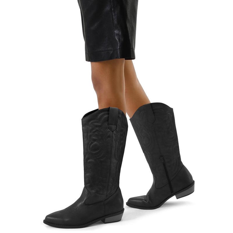 mysoft Women's Cowboy Boots Mid Calf Cowgirl Embroidered Western Pointed Toe Chunky Heel Pull On Knee High Boots - Image 3