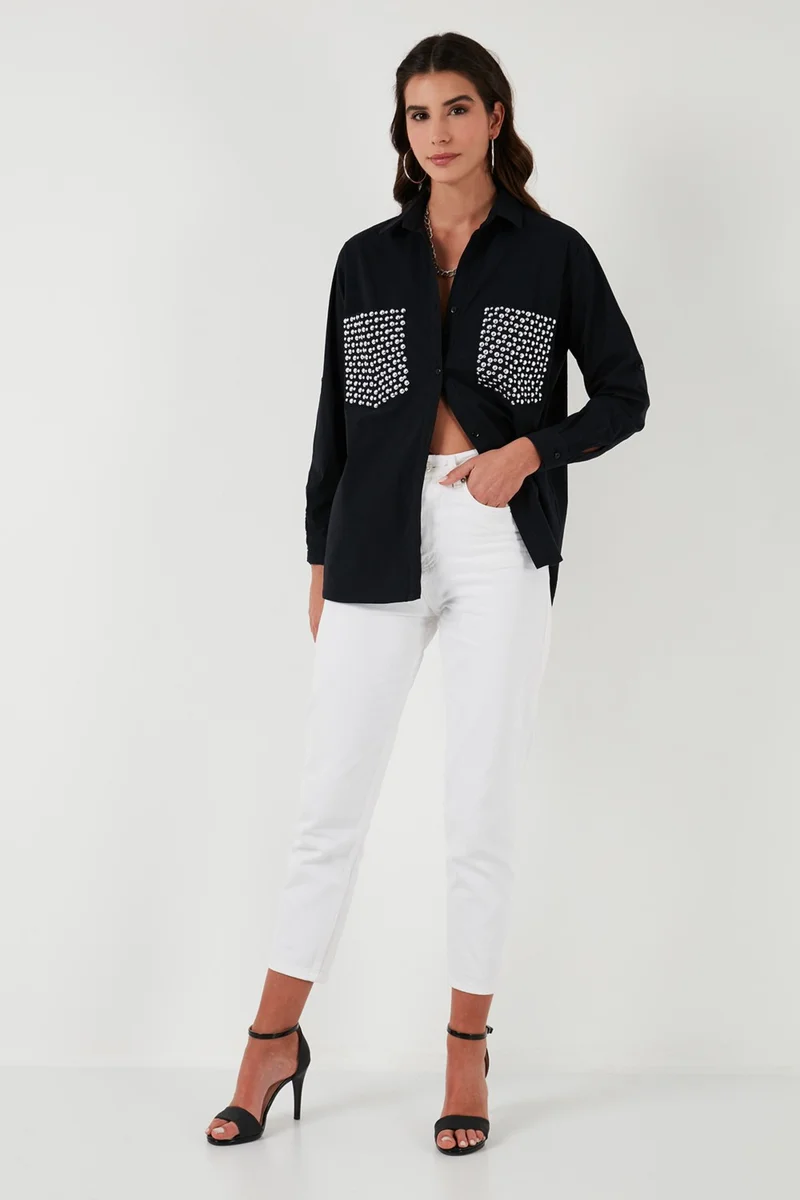 Lela Women's Shirt 100% Cotton Oversize Shirt with Stone Detail on Pockets 51444781