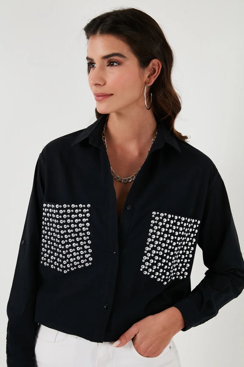 Lela Women's Shirt 100% Cotton Oversize Shirt with Stone Detail on Pockets 51444781