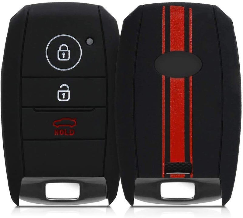 JVCV® Silicone Key Cover Compatible with Kia Seltos Sonet Carens 3 Button Smart Key - Rally Stripe - Stylish Durable Protector (Black Red) - Image 1