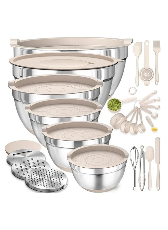 Casa Quesera 17-Piece -Stainless Steel Non slip Mixing Bowl Set with Airtight Lids & Graters+ Kitchen Gadgets for Mixing & Serving- BEIGE