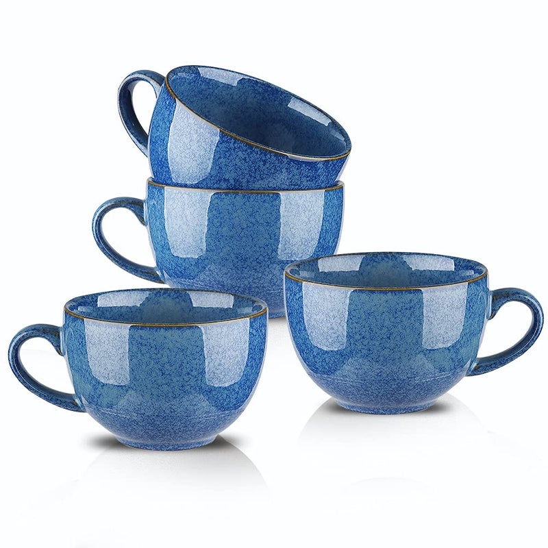 KOOV Ceramic Soup Mug with Handles Large Coffee Mug 24 Ounce Big Mug Microwave Safe Coffee Mugs Set of 4 Reactive Glaze Reactive Blue