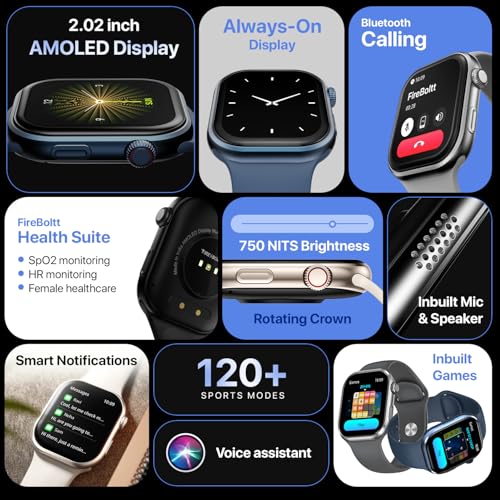Fire-Boltt Brillia Smart Watch 2.02” Super AMOLED Display, Bluetooth Calling, SpO2, Heart Rate Monitor, 120+ Sports Modes, Fitness Tracker, Voice Assistant, Smart Watch for Man & Women - Image 3