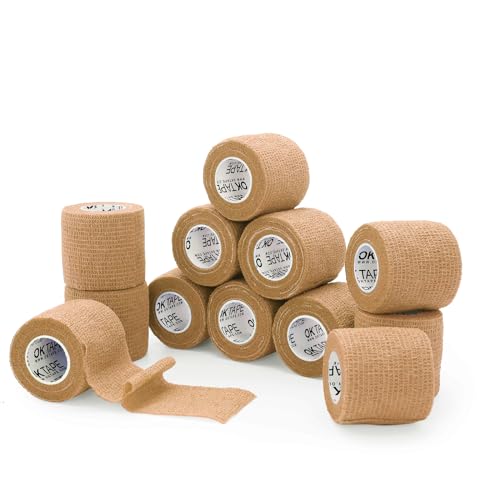 OK TAPE Self Adherent Cohesive Bandages Wrap 12Packs, 2 Inches X 5 Yards, Non-Woven Self Adhesive Athletic Sports wrap Tape, Vet Wrap Bandages Tape, for Thumb Finger Wrist Ankle (Beige) - Image 1