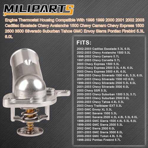 MILIPARTS Thermostat Housing Compatible with 1998-2003 Cadillac Escalade Chevy Avalanche Chevy Camaro Express 1500 2500 3500 Silverado Suburban GMC Envoy Sierra Pontiac 5.3L 6.0L OE 125712618 - Image 2
