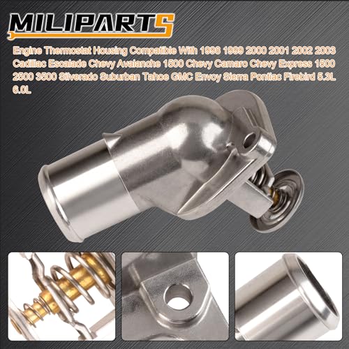 MILIPARTS Thermostat Housing Compatible with 1998-2003 Cadillac Escalade Chevy Avalanche Chevy Camaro Express 1500 2500 3500 Silverado Suburban GMC Envoy Sierra Pontiac 5.3L 6.0L OE 125712618 - Image 3