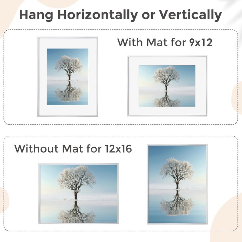 FLYJOE 12x16 Metal Picture Frame for Wall With Mat for 9x12, 12''x16'' Aluminum Certificate Document Frames With Plexiglass, Minimalist Poster Frame Horizontally Vertically Set of 3, Silver - Image 4