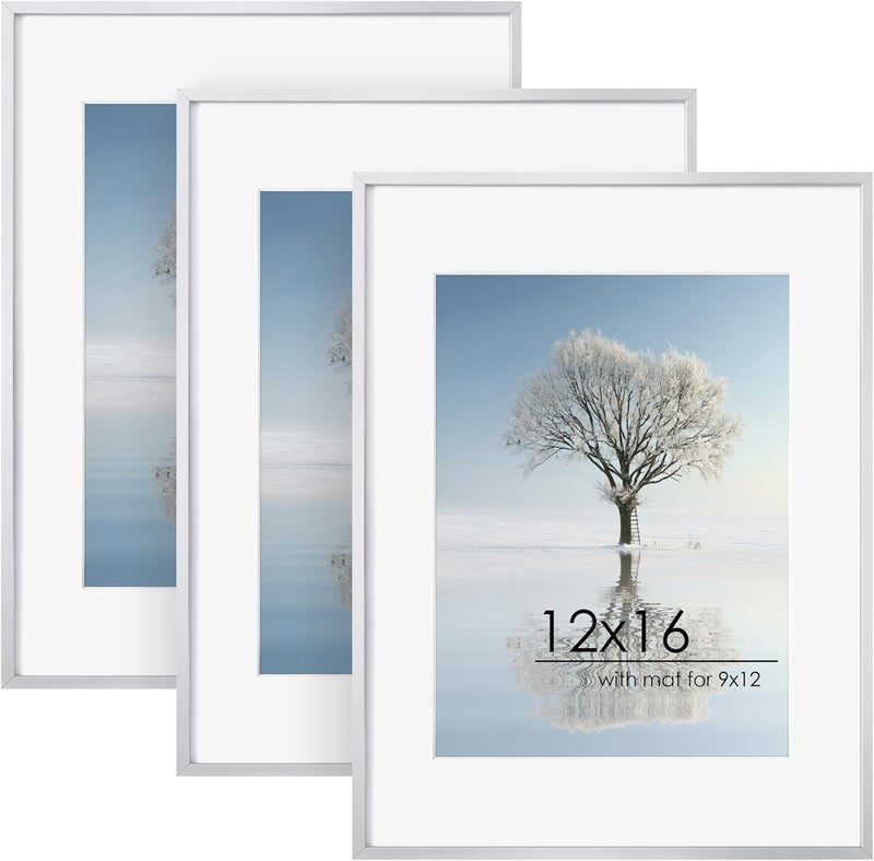 FLYJOE 12x16 Metal Picture Frame for Wall With Mat for 9x12, 12''x16'' Aluminum Certificate Document Frames With Plexiglass, Minimalist Poster Frame Horizontally Vertically Set of 3, Silver - Image 1