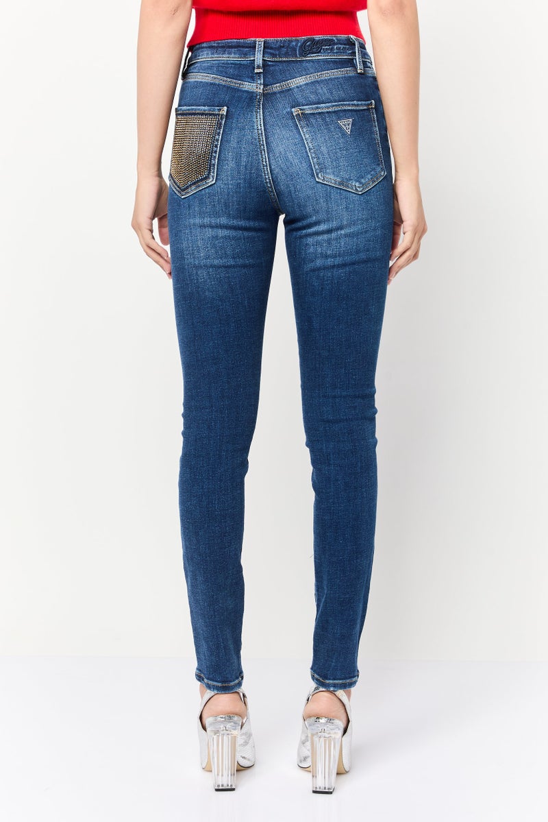 GUESS Women Skinny Fit Washed Stretchable Denim Jeans, Blue - Image 4