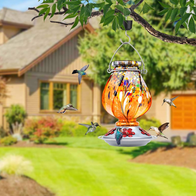 BOLITE Hummingbird Feeder, Hand Blown Glass Hummingbird Feeders for Outdoors Hanging, with 5 Feeding Ports, 22 Ounces, Orange, Birthday Gifts for Women Men, Gifts for Mom Dad - Image 2