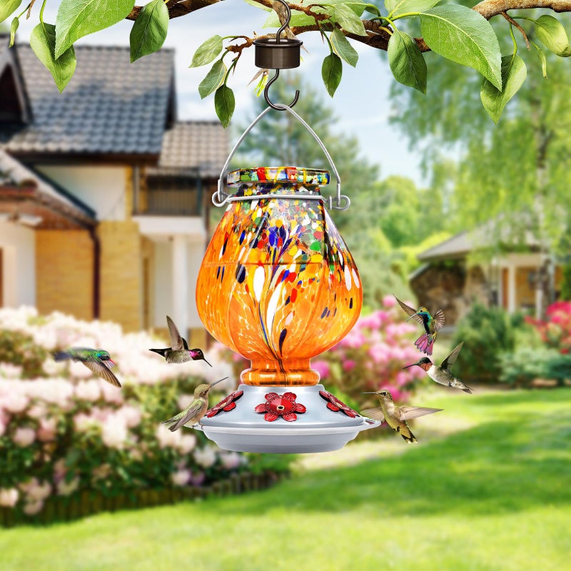 BOLITE Hummingbird Feeder, Hand Blown Glass Hummingbird Feeders for Outdoors Hanging, with 5 Feeding Ports, 22 Ounces, Orange, Birthday Gifts for Women Men, Gifts for Mom Dad - Image 5