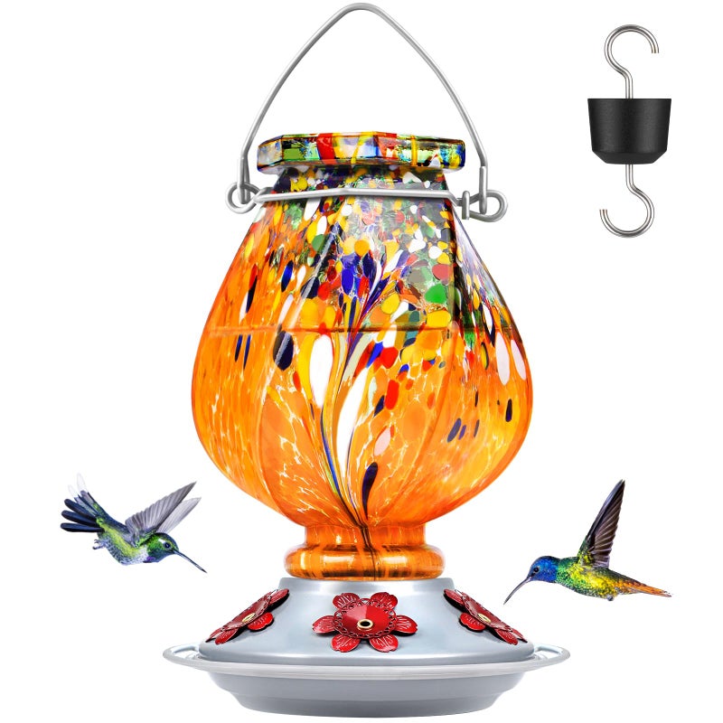 BOLITE Hummingbird Feeder, Hand Blown Glass Hummingbird Feeders for Outdoors Hanging, with 5 Feeding Ports, 22 Ounces, Orange, Birthday Gifts for Women Men, Gifts for Mom Dad - Image 1