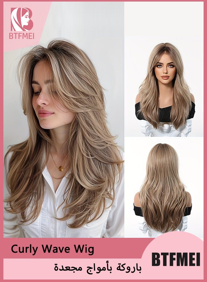 BTFMEI Brown Layered Wavy Wig with Bangs for Women – 60cm Synthetic Heat Resistant Fiber, Natural Fashion Wig, Comfortable Full Head Hairpiece with Free Cap for Daily Wear, Cosplay, Party, Wedding - Image 1
