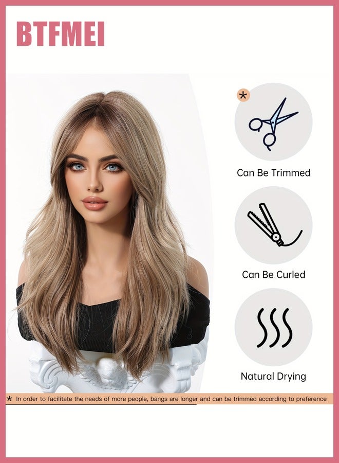 BTFMEI Brown Layered Wavy Wig with Bangs for Women – 60cm Synthetic Heat Resistant Fiber, Natural Fashion Wig, Comfortable Full Head Hairpiece with Free Cap for Daily Wear, Cosplay, Party, Wedding - Image 3