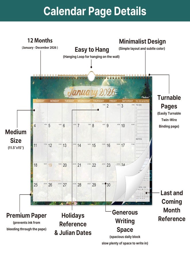 Pinchoco 2025-2026 Wall Calendar - Calendar 2025-2026, Jul.2025 - Dec.2026, 18 Months Wall Calendar 2025-2026, Strong Twin-Wire Binding, Large Blocks - Image 4