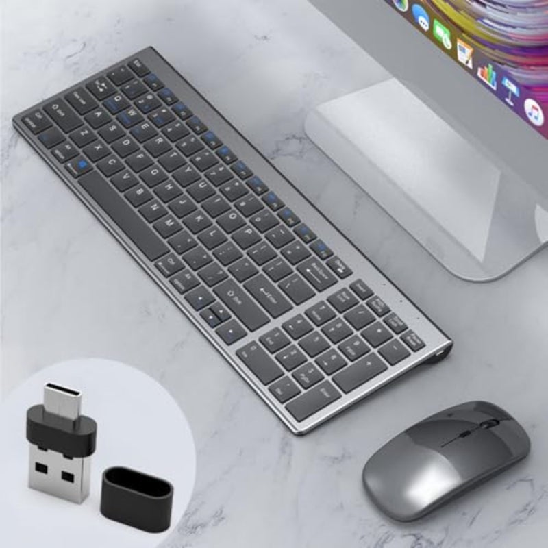 لوحة مفاتيح وماوس عربي/إنجليزي قابلان لإعادة الشحن، مستقبل USB A ونوع C 2.4G ماوس ولوحة مفاتيح لاسلكية، لوحة مفاتيح كمبيوتر وماوس شحن من النوع C للكمبيوتر الشخصي والكمبيوتر المحمول وسطح المكتب والهاتف - Image 2