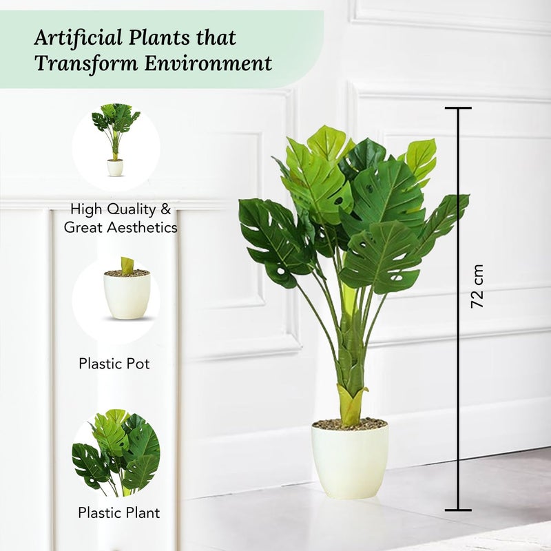 Ekhasa Monstera Artificial Plant with Pot for Home Decor Big Size 2 feet 4 inches 12 leaves Artificial Tree for Home Decoration Tall Plastic Green Decorative Indoor Long Plants for Living Room - Image 3