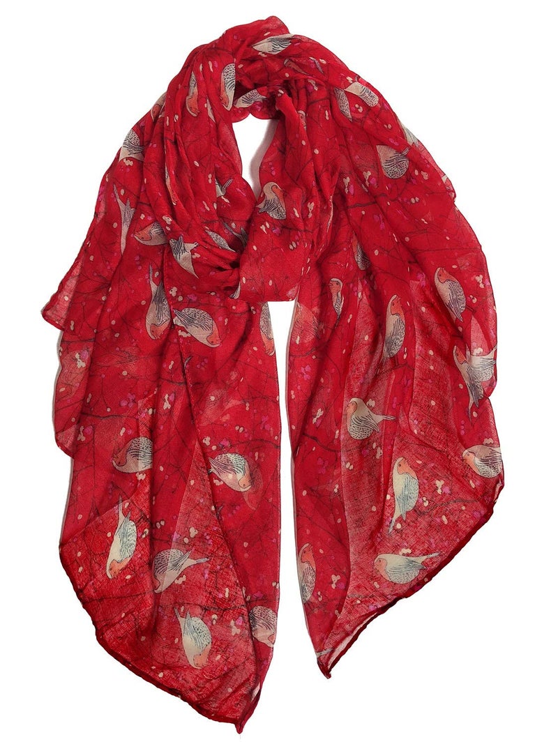 GERINLY Floral Birds Lovers Scarves for Womens Red Soft Cotton Shawls and Wraps Lightweight Christmas Neckwear Ladies - Image 1