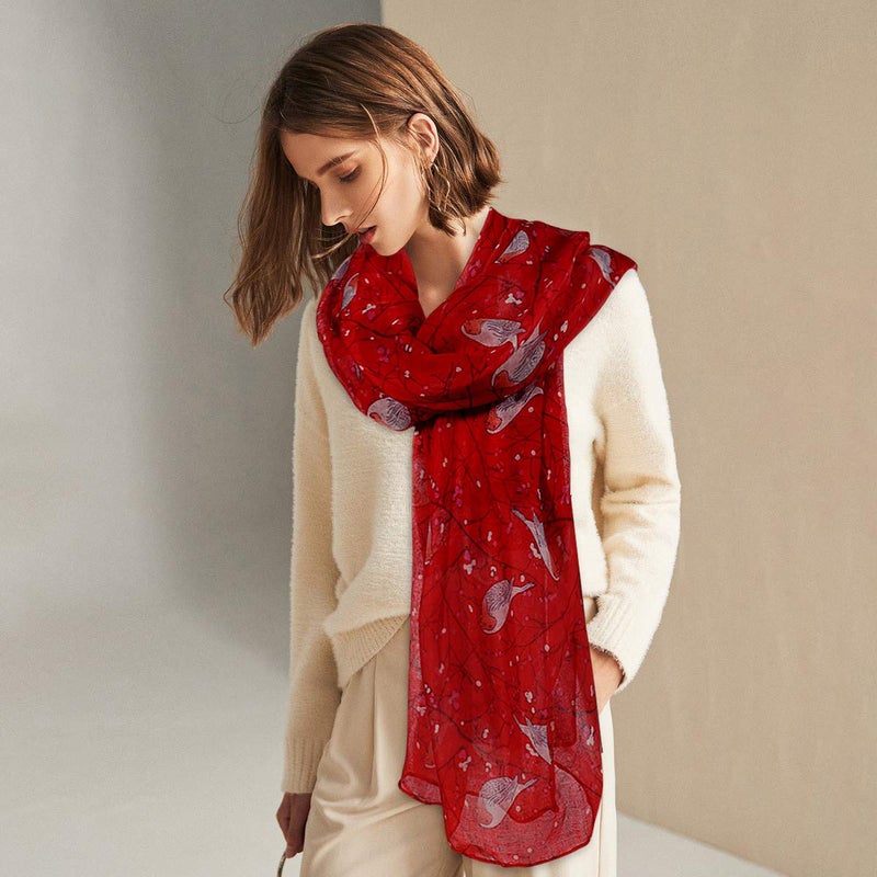 GERINLY Floral Birds Lovers Scarves for Womens Red Soft Cotton Shawls and Wraps Lightweight Christmas Neckwear Ladies - Image 4