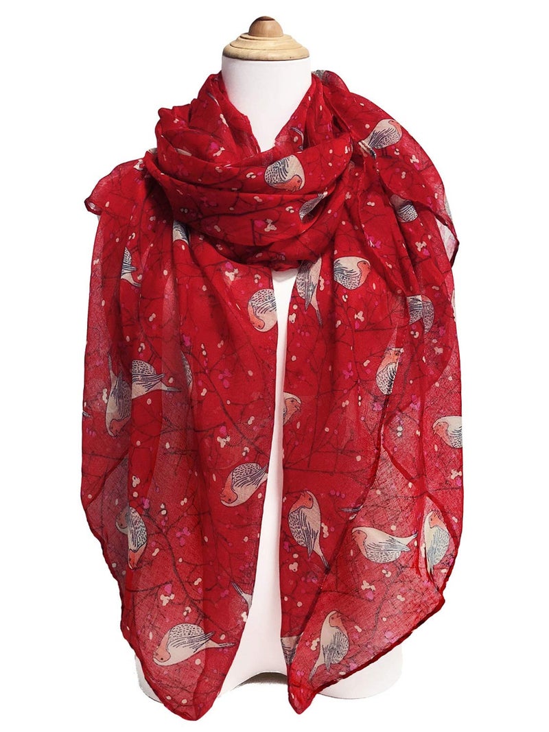 GERINLY Floral Birds Lovers Scarves for Womens Red Soft Cotton Shawls and Wraps Lightweight Christmas Neckwear Ladies - Image 2