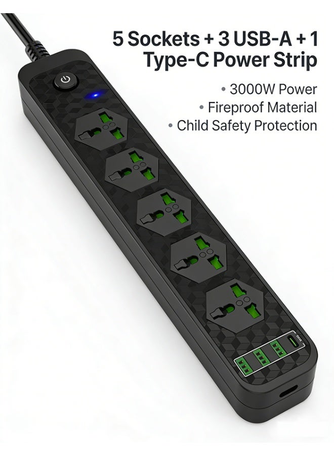 حياة الكثبان مشترك كهربائي عالي القدرة 3000 واط، مزود بـ 5 مقابس و3 منافذ USB-A ومنفذ Type-C، مع سلك سميك بطول 2 متر، مقاوم للاشتعال، ومزود بميزة أمان للأطفال — للاستخدام المنزلي والمكتبي. - Image 3