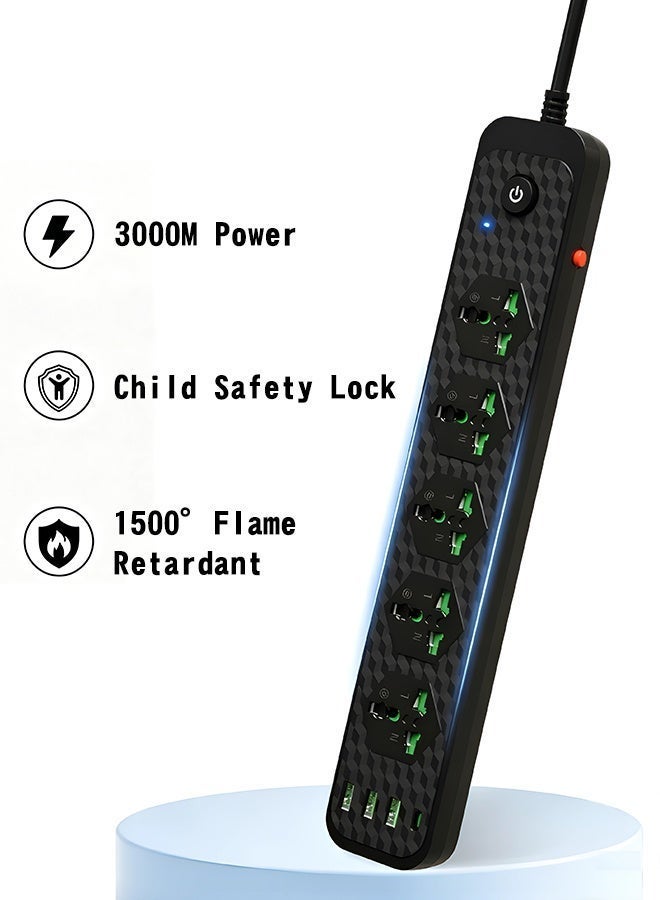 حياة الكثبان مشترك كهربائي عالي القدرة 3000 واط، مزود بـ 5 مقابس و3 منافذ USB-A ومنفذ Type-C، مع سلك سميك بطول 2 متر، مقاوم للاشتعال، ومزود بميزة أمان للأطفال — للاستخدام المنزلي والمكتبي. - Image 2