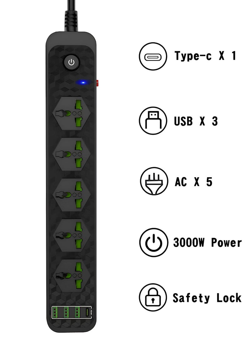 حياة الكثبان مشترك كهربائي عالي القدرة 3000 واط، مزود بـ 5 مقابس و3 منافذ USB-A ومنفذ Type-C، مع سلك سميك بطول 2 متر، مقاوم للاشتعال، ومزود بميزة أمان للأطفال — للاستخدام المنزلي والمكتبي. - Image 1