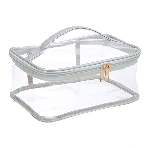 Large Cosmetic Bag for Women  Clear SeeThrough Makeup Hair  Nail Accessories Pouch for Travel or Home  Transparent PVC Plastic Organizer Spacious Interior Handle  Double Zippers Silver