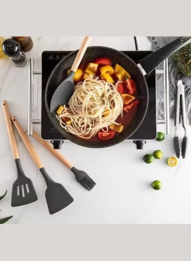 TIGER 12-Piece Silicone & Wood Kitchen Utensils Set with Storage Pot | Non-Stick, Heat-Resistant, BPA-Free, Food Grade Silicone Cooking Utensils for Home & Professional Use – Grey - Image 3