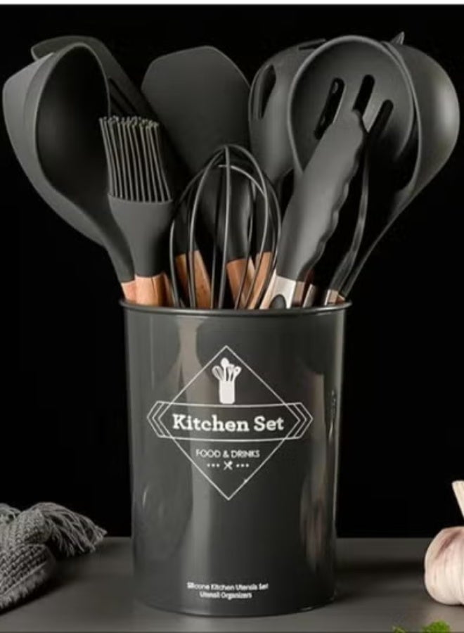 TIGER 12-Piece Silicone & Wood Kitchen Utensils Set with Storage Pot | Non-Stick, Heat-Resistant, BPA-Free, Food Grade Silicone Cooking Utensils for Home & Professional Use – Grey - Image 2