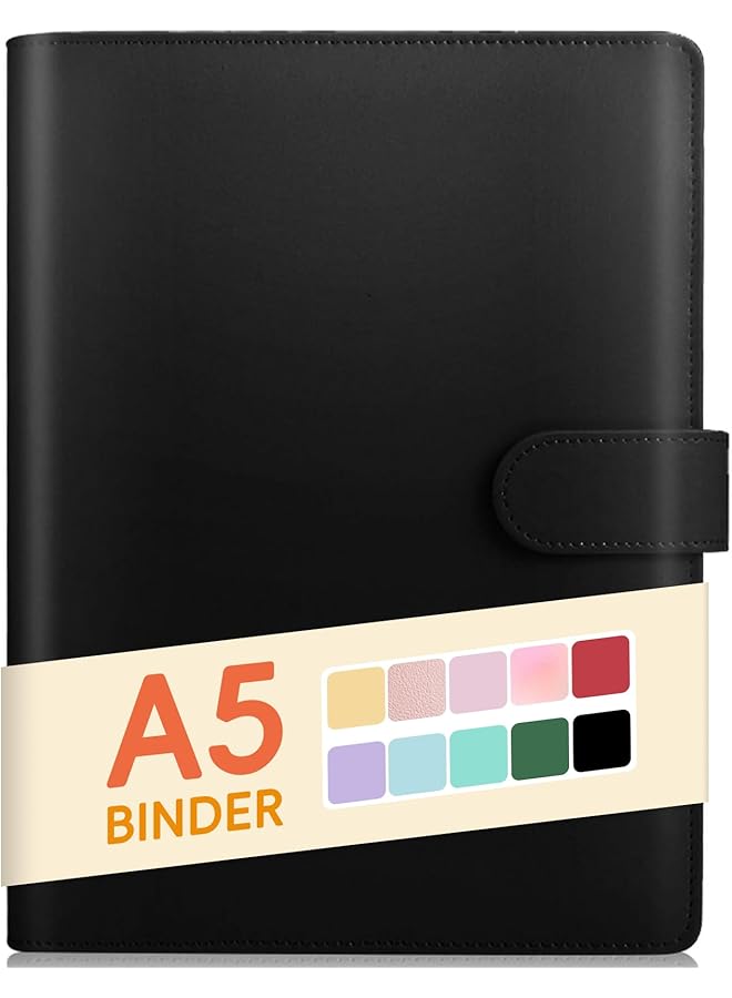 erorex A5 Notebook Photocard Binder 6 Budget Binder Ring Planner Stylish Loose Leaf Personal Organizer Binder Cover With Magnetic Buckle Pu Leather Binder Women With Macaron Colors Black  - Image 1