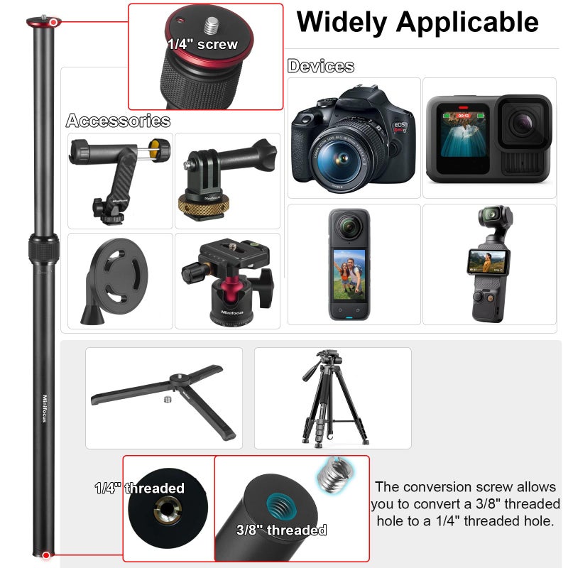 MINIFOCUS Tripod Extension, 2 Section Center Columns, 23.4" Alloy Aluminum Tripod Extender Tube Telescopic Stick Rod with 1/4" 3/8" Screw, Compatible with Tripods/Gimbal/Camera, Max Load 33lb - Image 4