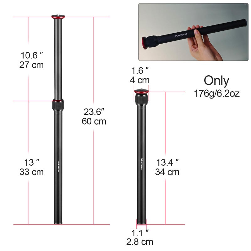 MINIFOCUS Tripod Extension, 2 Section Center Columns, 23.4" Alloy Aluminum Tripod Extender Tube Telescopic Stick Rod with 1/4" 3/8" Screw, Compatible with Tripods/Gimbal/Camera, Max Load 33lb - Image 3