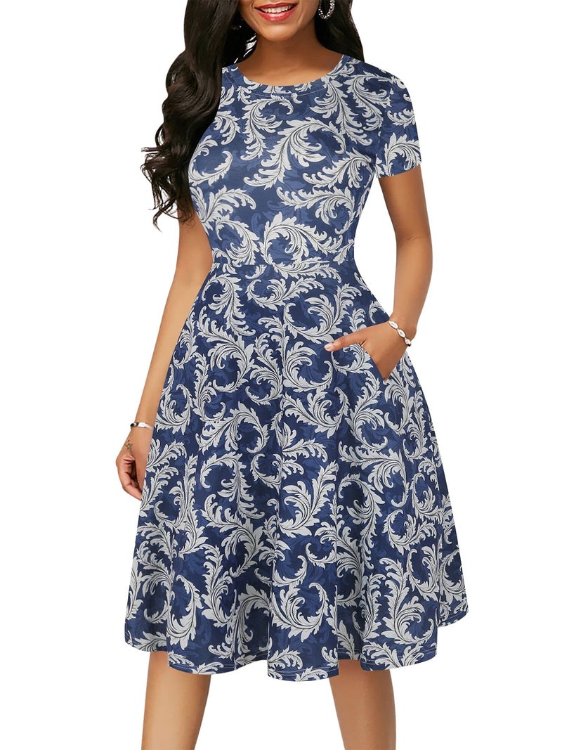 oxiuly Women's Elegant O-Neck Floral Casual Pockets Tunic Party Cocktail Stretchy Swing Summer Dress OX262 (XXL, Blue) - Image 5