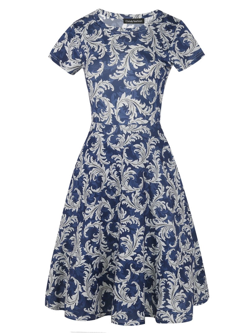 oxiuly Women's Elegant O-Neck Floral Casual Pockets Tunic Party Cocktail Stretchy Swing Summer Dress OX262 (XXL, Blue) - Image 2