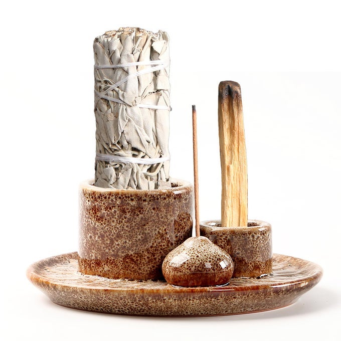 4 IN 1 CERAMIC INCENSE BURNER SAGE HOLDER FOR BURNING BOWL PALO SANTO HOLDER INCENSE HOLDER FOR STICKS SMUDGE STICK HOLDERBROWN