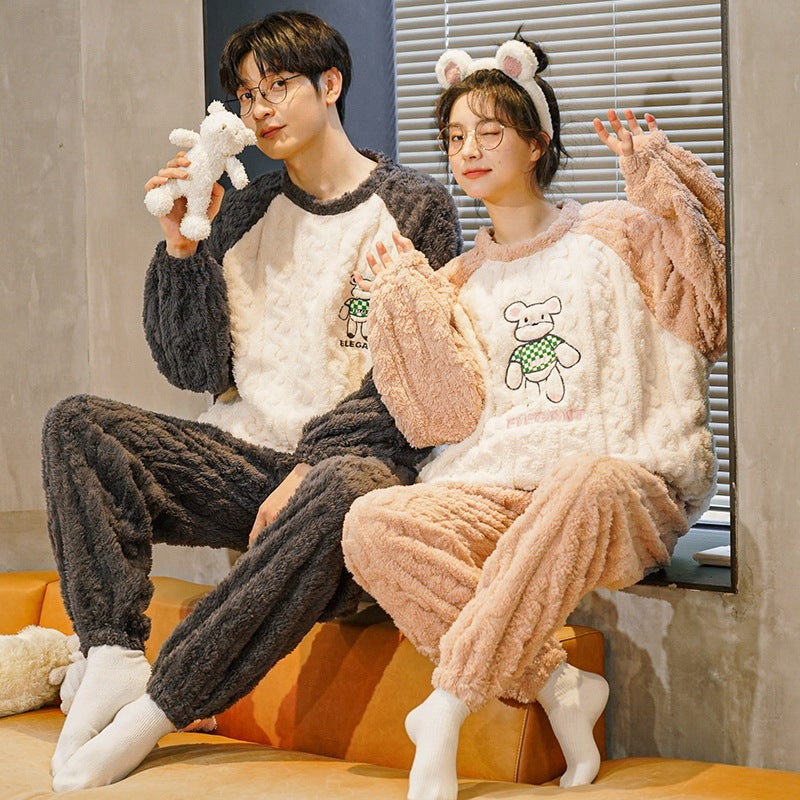 Couple Pajamas Winter Women'S Coral Fleece Cute Cartoon Fleece-Lined Thickened Autumn Men'S Flannel Home Clothes Suit - Image 2