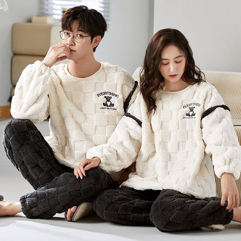 Couple Pajamas Winter Women'S Coral Fleece Cute Cartoon Fleece-Lined Thickened Autumn Men'S Flannel Home Clothes Suit - Image 1