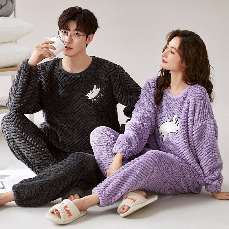 Couple Pajamas Winter Women'S Coral Fleece Cute Cartoon Fleece-Lined Thickened Autumn Men'S Flannel Home Clothes Suit - Image 5