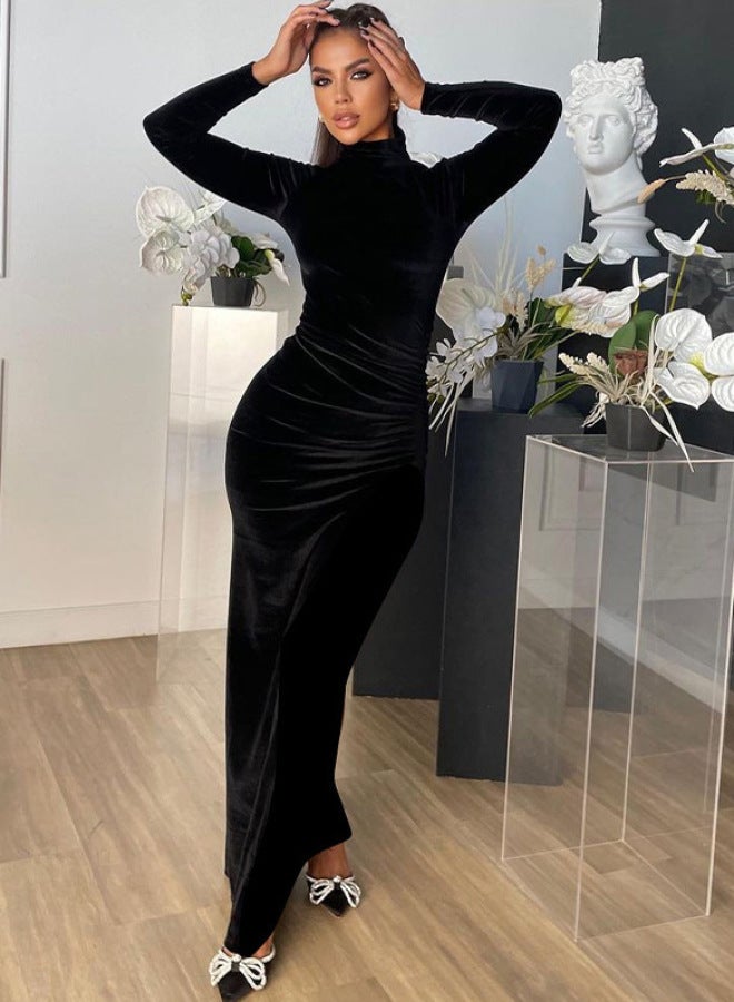 Yailla Winter New Fashion Velvet Slim Fit Back Zipper High Neck Long Sleeve Dress 