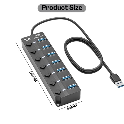 Flavizo USB 3.0 Hub 7 Port Powered Extender with Individual Switches & LED Indicators | High Speed Multiport USB Hub for Laptop, Desktop, Mac, PC, USB Devices – 1.2m Cable - Image 2