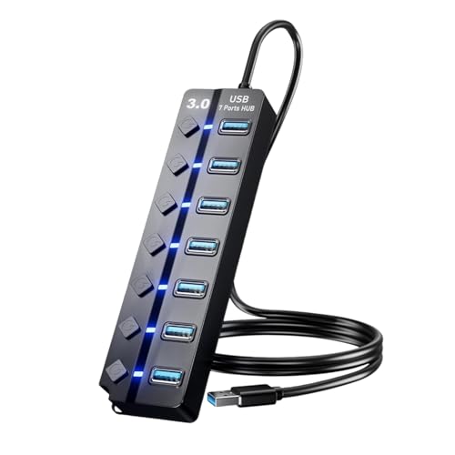 Flavizo USB 3.0 Hub 7 Port Powered Extender with Individual Switches & LED Indicators | High Speed Multiport USB Hub for Laptop, Desktop, Mac, PC, USB Devices – 1.2m Cable - Image 1