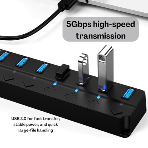 Flavizo USB 3.0 Hub 7 Port Powered Extender with Individual Switches & LED Indicators | High Speed Multiport USB Hub for Laptop, Desktop, Mac, PC, USB Devices – 1.2m Cable - Image 4