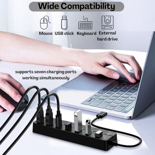 Flavizo USB 3.0 Hub 7 Port Powered Extender with Individual Switches & LED Indicators | High Speed Multiport USB Hub for Laptop, Desktop, Mac, PC, USB Devices – 1.2m Cable - Image 3